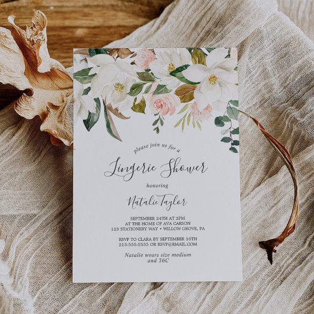 Elegant Magnolia | White and Blush Lingerie Shower Invitation (Creator Uploaded)