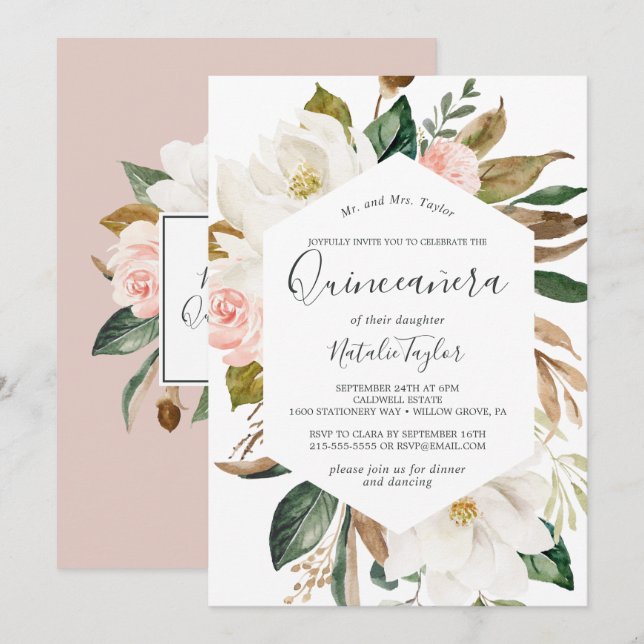 Elegant Magnolia | White and Blush Quinceañera Invitation (Front/Back)