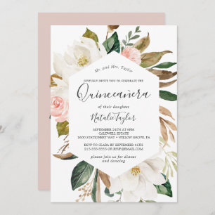 Elegant Magnolia   White and Blush Quinceañera Invitation