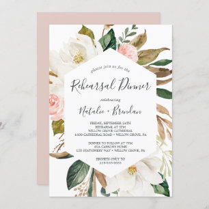 Elegant Magnolia White and Blush Rehearsal Dinner Invitation