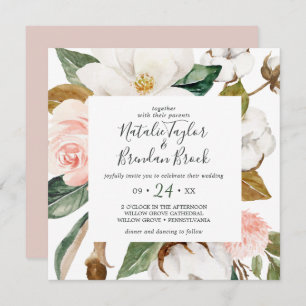 Elegant Magnolia White and Blush Square Wedding Invitation