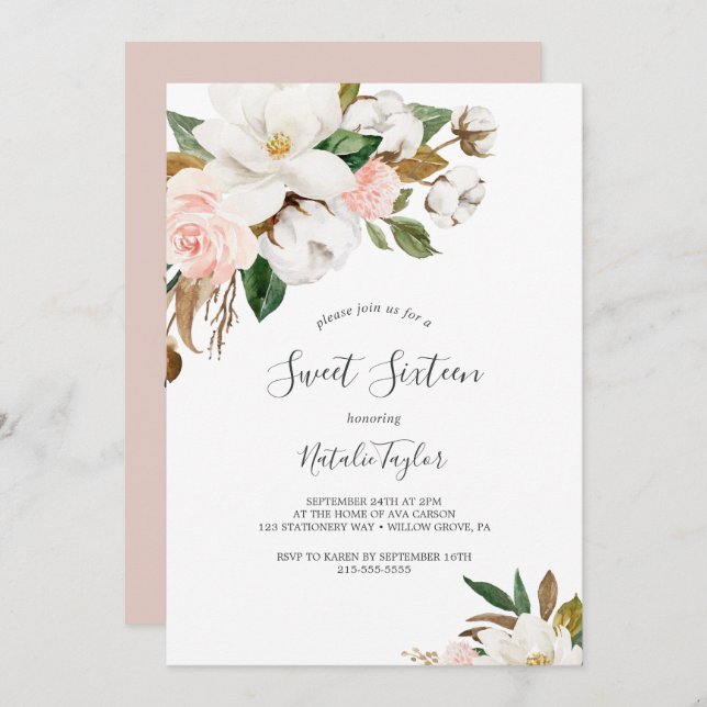 Elegant Magnolia | White and Blush Sweet Sixteen Invitation (Front/Back)