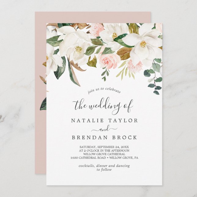 Elegant Magnolia | White and Blush The Wedding Of Invitation (Front/Back)