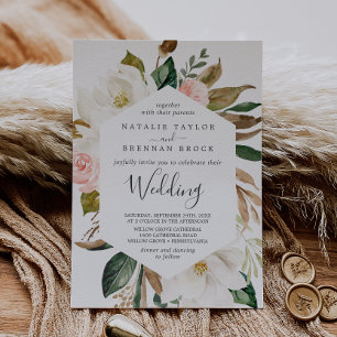 Elegant Magnolia   White and Blush Wedding Invitation