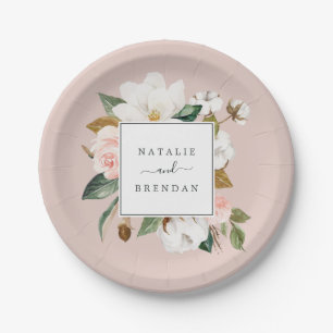 Elegant Magnolia   White and Blush Wedding Paper Plate