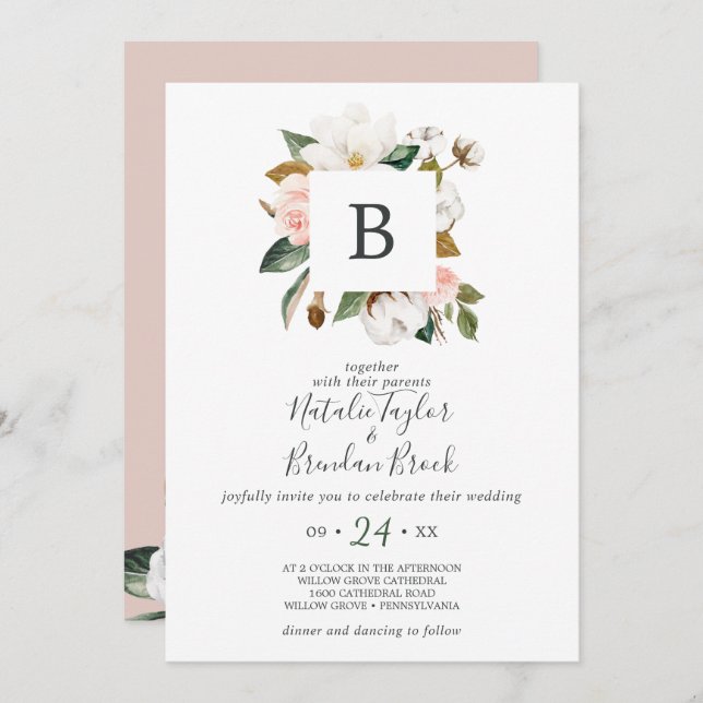 Elegant Magnolia White & Blush All In One Wedding Invitation (Front/Back)