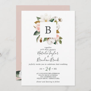 Elegant Magnolia White & Blush All In One Wedding Invitation