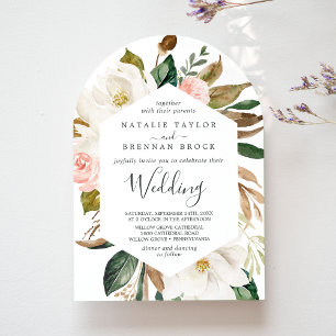 Elegant Magnolia White Blush Floral Arch Wedding Invitation