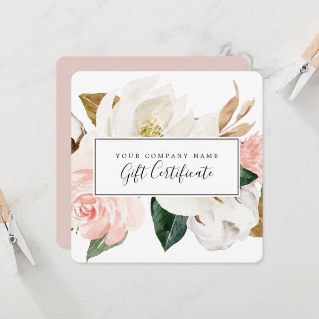 Elegant Magnolia | White & Blush Gift Certificate  Invitation (Front/Back In Situ)