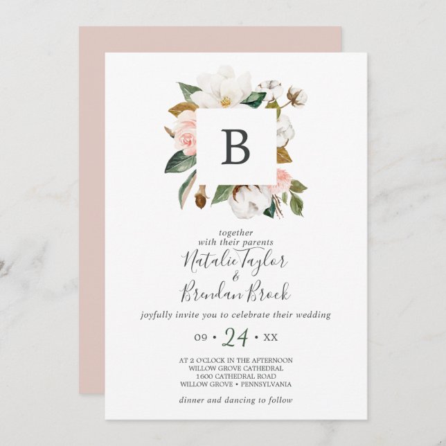 Elegant Magnolia | White & Blush Monogram Wedding Invitation (Front/Back)