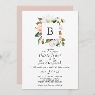 Elegant Magnolia   White & Blush Monogram Wedding Invitation