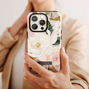 Elegant Magnolia | White & Blush Personalised Name Case-Mate iPhone Case