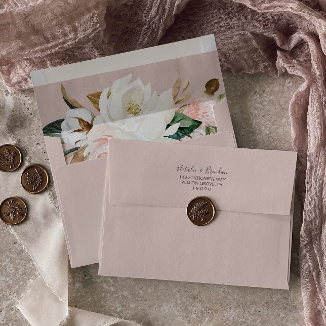 Elegant Magnolia White & Blush Wedding Invitation Envelope (Creator Uploaded)