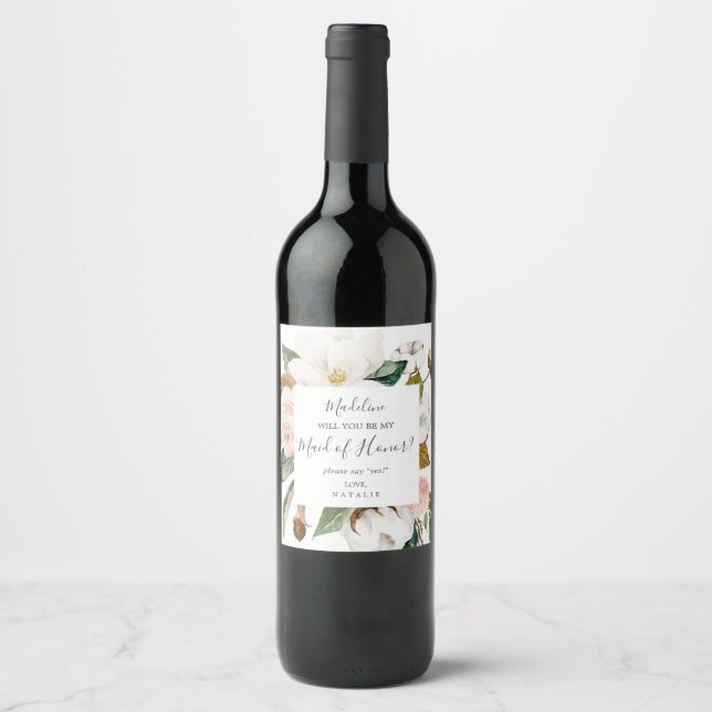 Elegant Magnolia | White Maid of Honour Proposal Wine Label (Front)