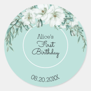 Elegant Magnolia White Pastel Green 1st Birthday Classic Round Sticker