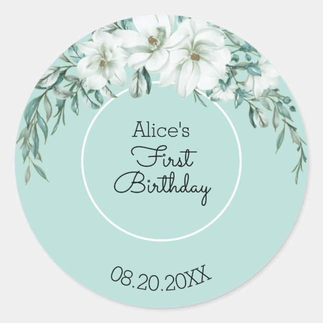 Elegant Magnolia White Pastel Green 1st Birthday Classic Round Sticker (Front)