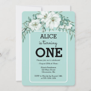 Elegant Magnolia White Pastel Green 1st Birthday Invitation