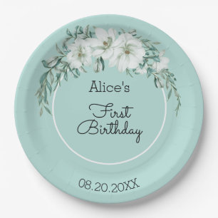 Elegant Magnolia White Pastel Green 1st Birthday Paper Plate