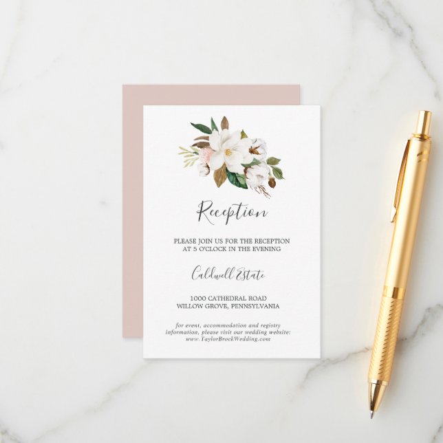 Elegant Magnolia | White Reception Insert Card (Front/Back In Situ)