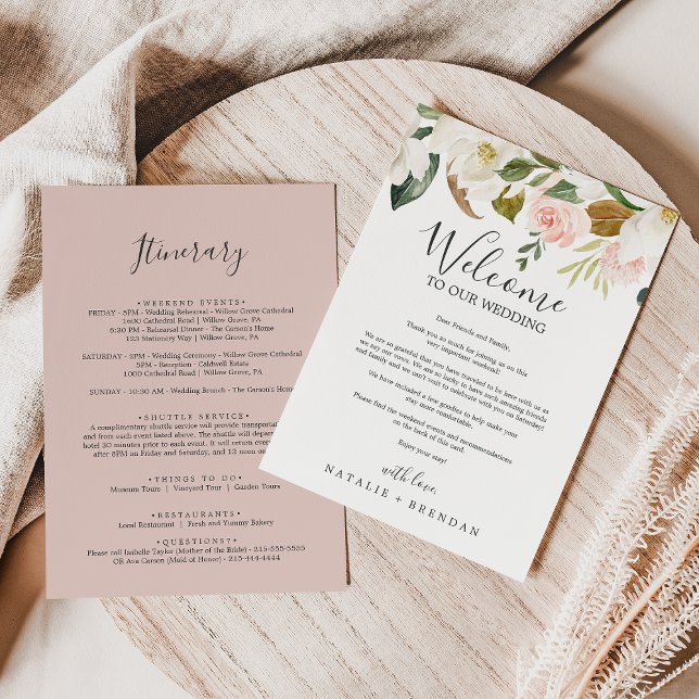 Elegant Magnolia White Welcome Letter & Itinerary (Creator Uploaded)