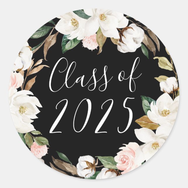 Elegant Magnolias Class of 2025 Graduation Classic Round Sticker (Front)