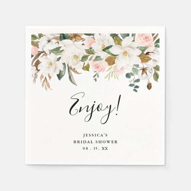 Elegant Magnolias & Cotton Bridal Shower Napkins (Front)