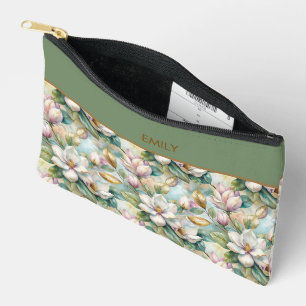 Elegant Magnolias Flowers Gold with Name Accessory Pouch