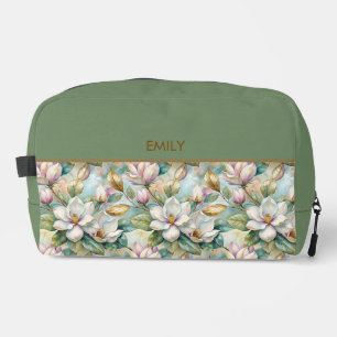 Elegant Magnolias Flowers Gold with Name Dopp Kit