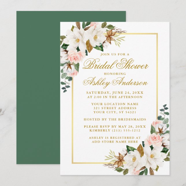 Elegant Magnolias Roses Gold Bridal Shower Green Invitation (Front/Back)