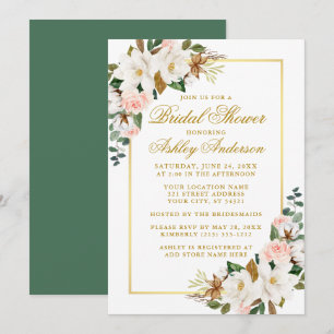 Elegant Magnolias Roses Gold Bridal Shower Green Invitation