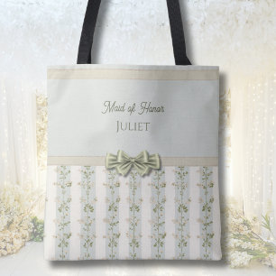 Elegant Maid of Honour Floral Stripes Coquette Bow Tote Bag