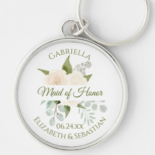 Elegant Maid of Honour Ivory Peach Roses Wedding Key Ring
