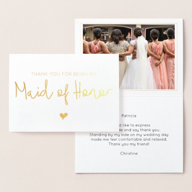 Elegant Maid of Honour Thank You Photo Gold Foil Card (Display)