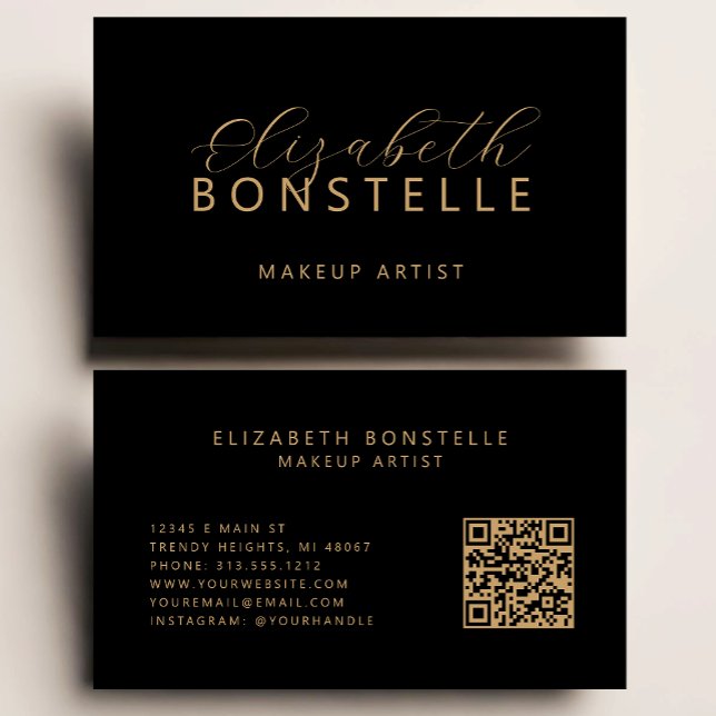 Elegant Makeup Artist QR Code Black Gold Business Card (Creator Uploaded)