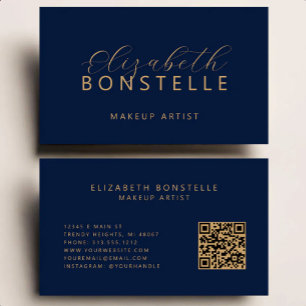 Elegant Makeup Artist QR Code Navy Blue Gold Business Card