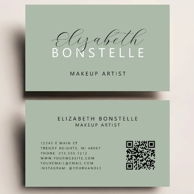 Elegant Makeup Artist QR Code Sage Green Business Card (Creator Uploaded)