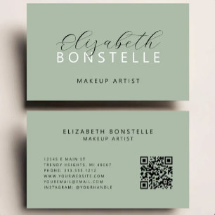 Elegant Makeup Artist QR Code Sage Green Business Card