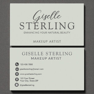 Elegant Makeup Artist Sage Green Modern Script Business Card