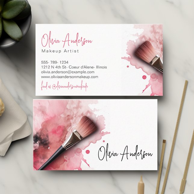 Elegant Makeup Brush And Abstract Pink Watercolor  Business Card (Creator Uploaded)
