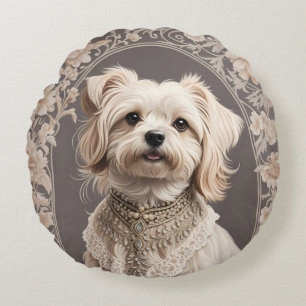 Elegant Maltese Dog William Morris Inspired Round Cushion