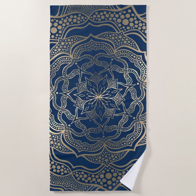 Elegant Mandala Art Boho Gold and Navy Blue Luxury Beach Towel (Front)