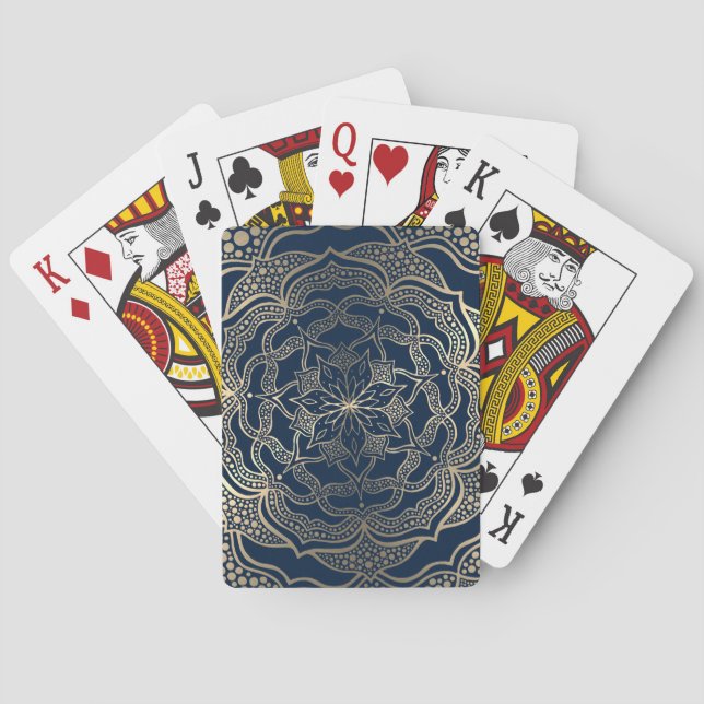 Elegant Mandala Art Boho Gold and Navy Blue Luxury Playing Cards (Back)