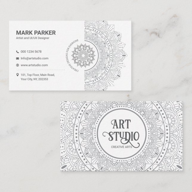Elegant Mandala Art Studio White Creative Business Card (Front/Back)