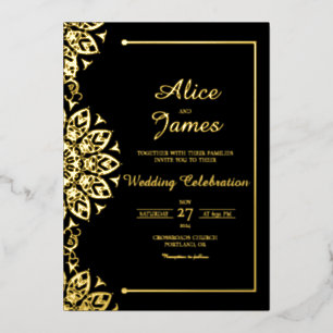 Elegant Mandala Black Gold Foil Wedding Invitation