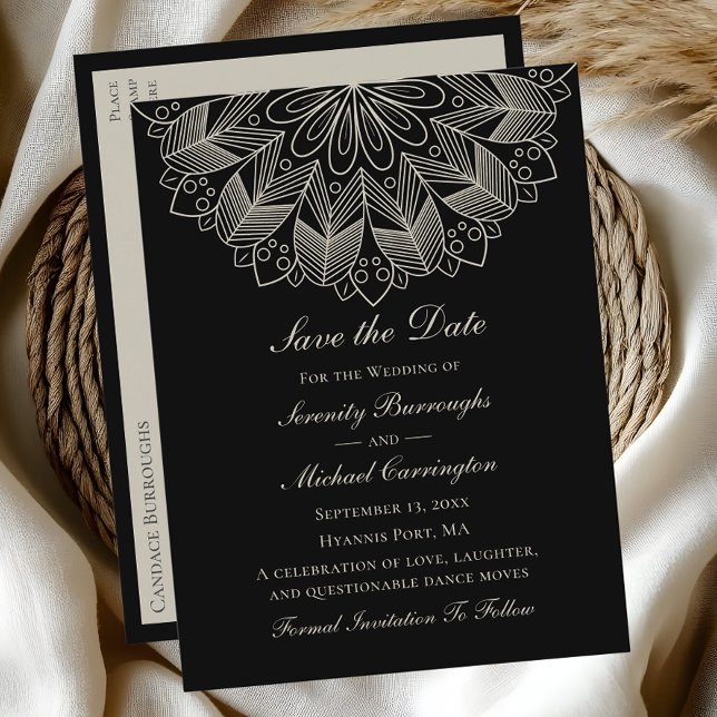 Elegant Mandala Boho Black Save the Date Wedding Invitation Postcard (Creator Uploaded)