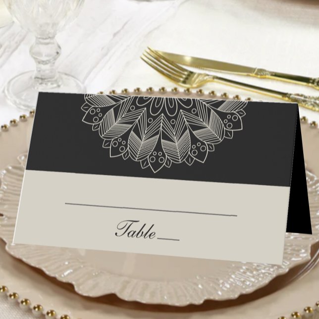 Elegant Mandala Boho Indian Black Wedding Escort Place Card (Creator Uploaded)