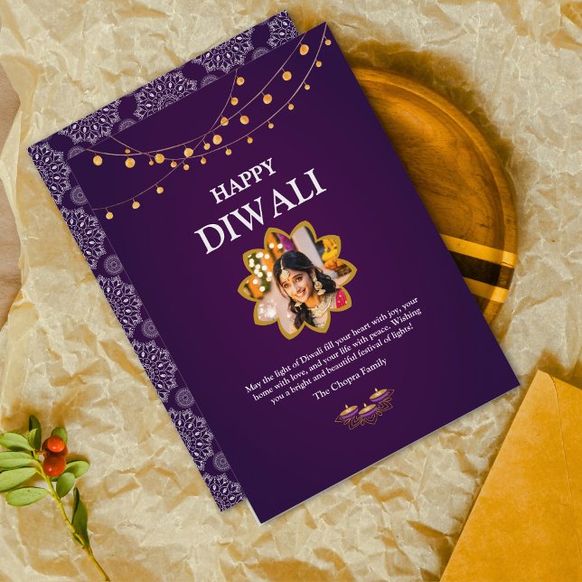 Elegant Mandala  custom Photo Purple Diwali  Holiday Card (Creator Uploaded)