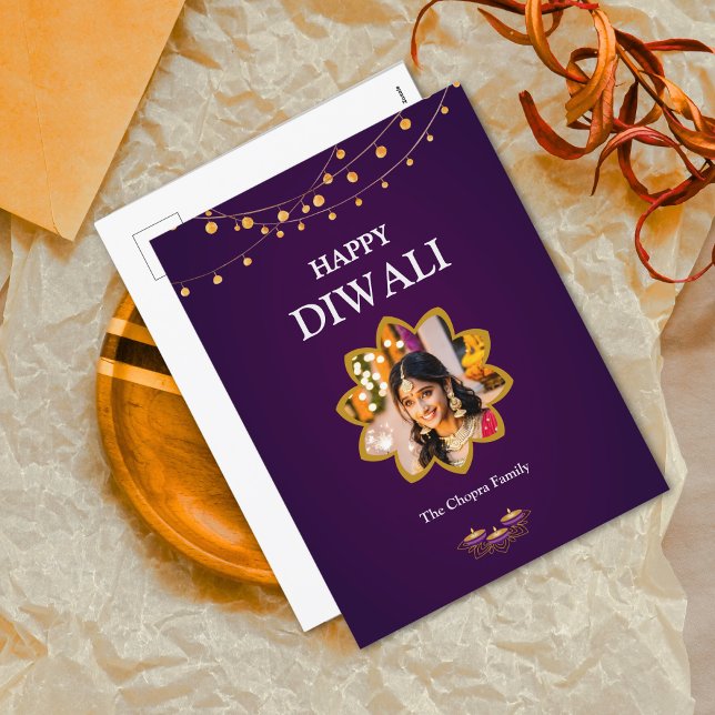 Elegant Mandala custom Photo Purple Gold diwali  Holiday Postcard (Creator Uploaded)