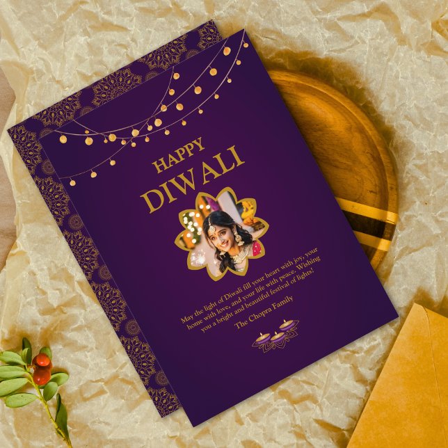 Elegant Mandala custom Photo Purple Golden diwali  Holiday Card (Creator Uploaded)