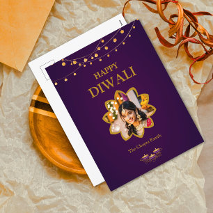 Elegant Mandala custom Photo Purple Golden diwali  Holiday Postcard